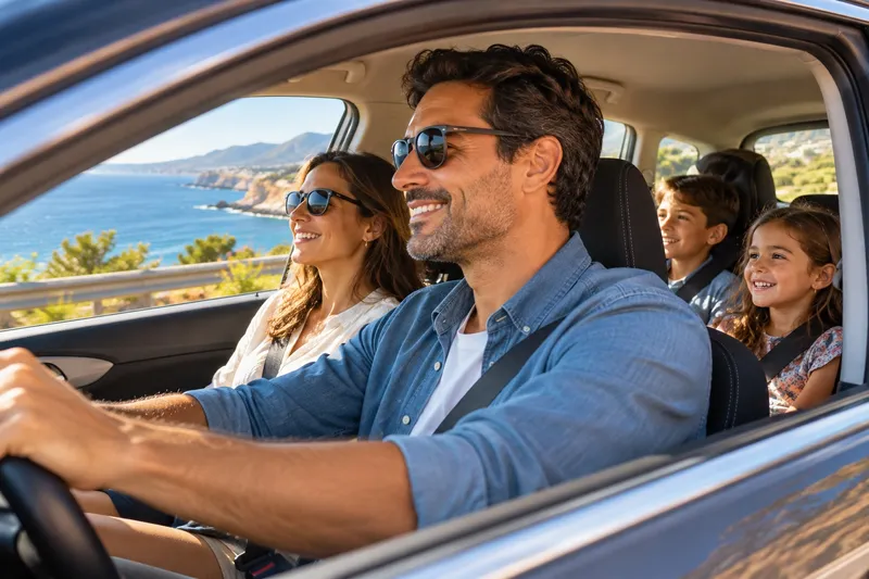 Familia en su coche, lista para salir con el permiso español