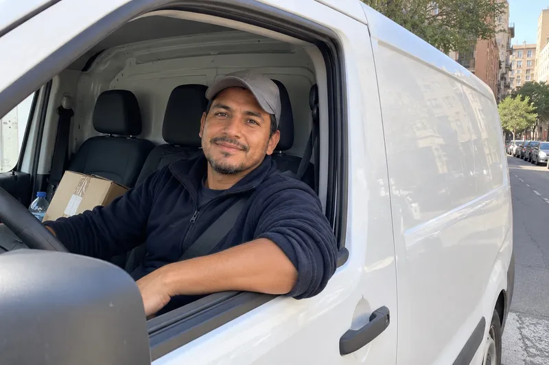 Repartidor al volante de su furgoneta de trabajo