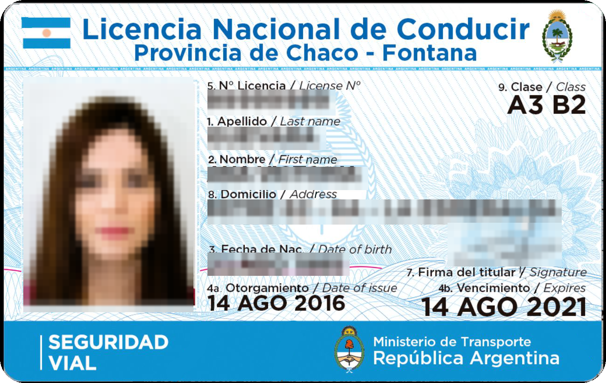 Modelo de carnet de Argentina, anonimizado