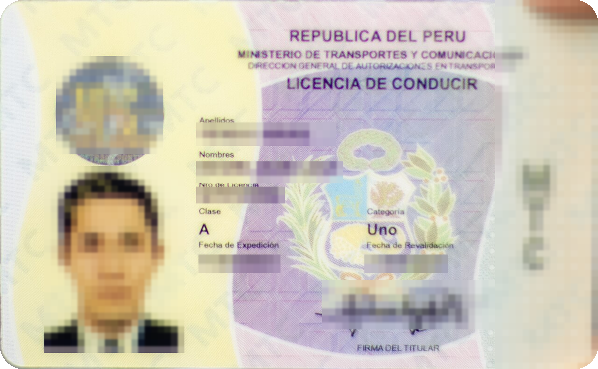 Modelo de carnet de Perú, anonimizado