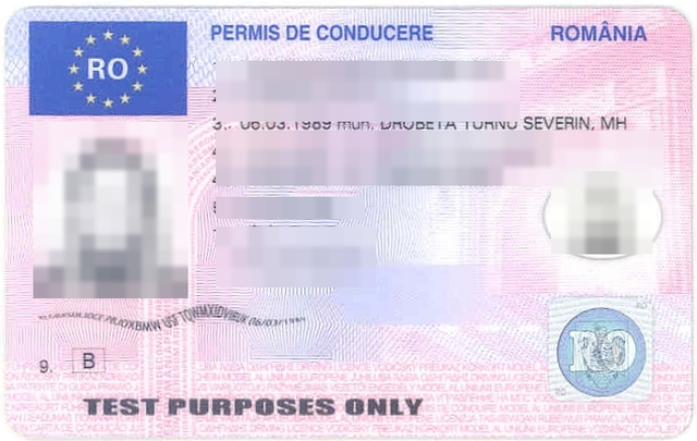Modelo de carnet de Rumanía, anonimizado