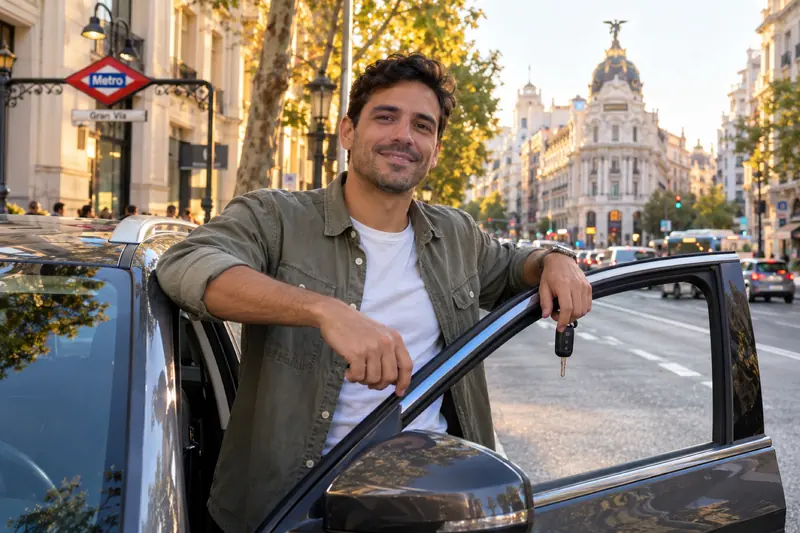 Conductor junto a su coche con el permiso español recién canjeado