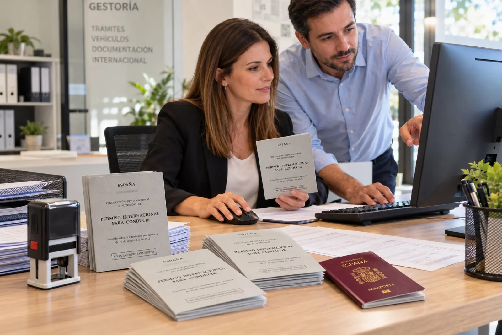 Gestores revisando un expediente de canje en el portátil