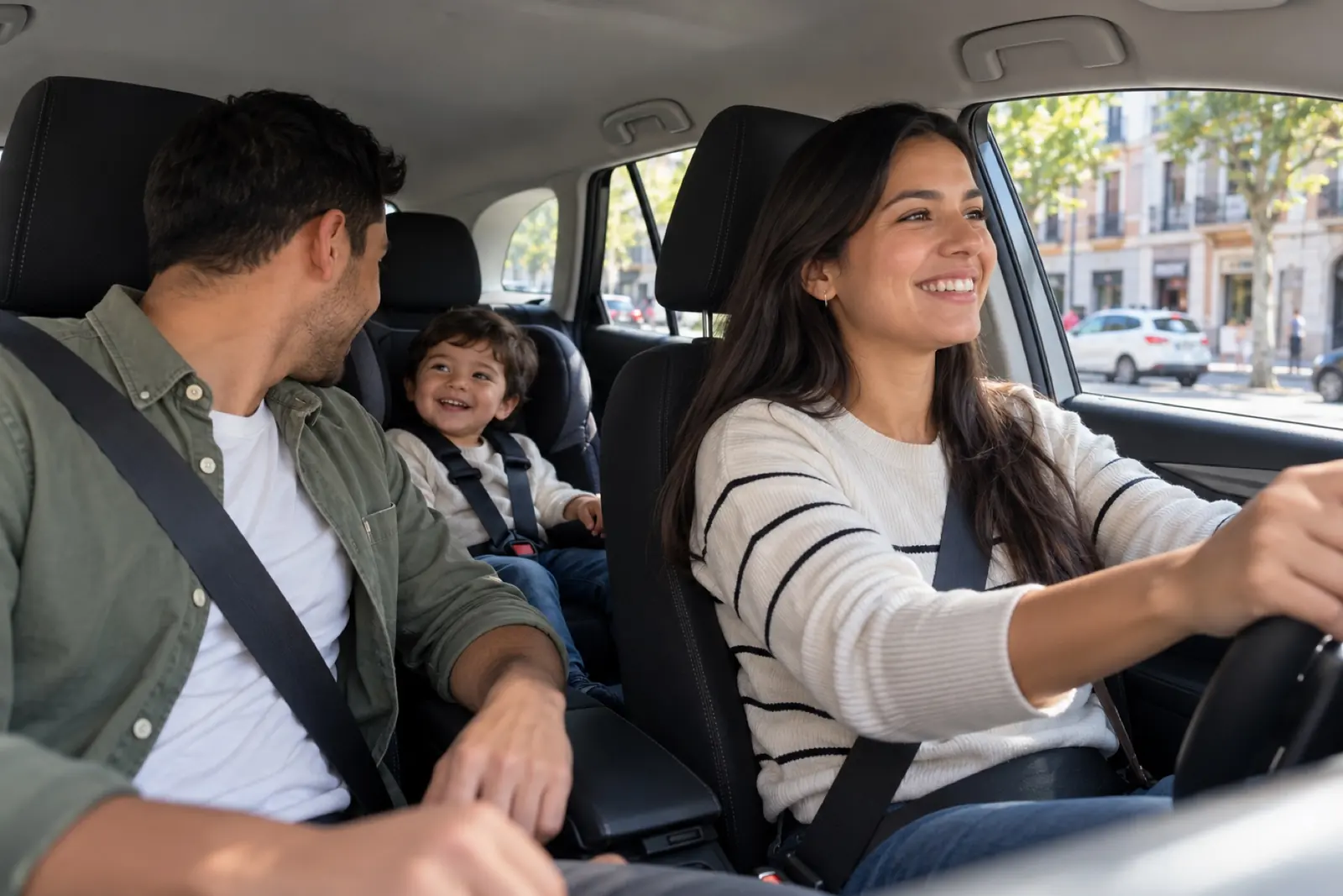 Familia en su coche en una calle española, con la madre al volante