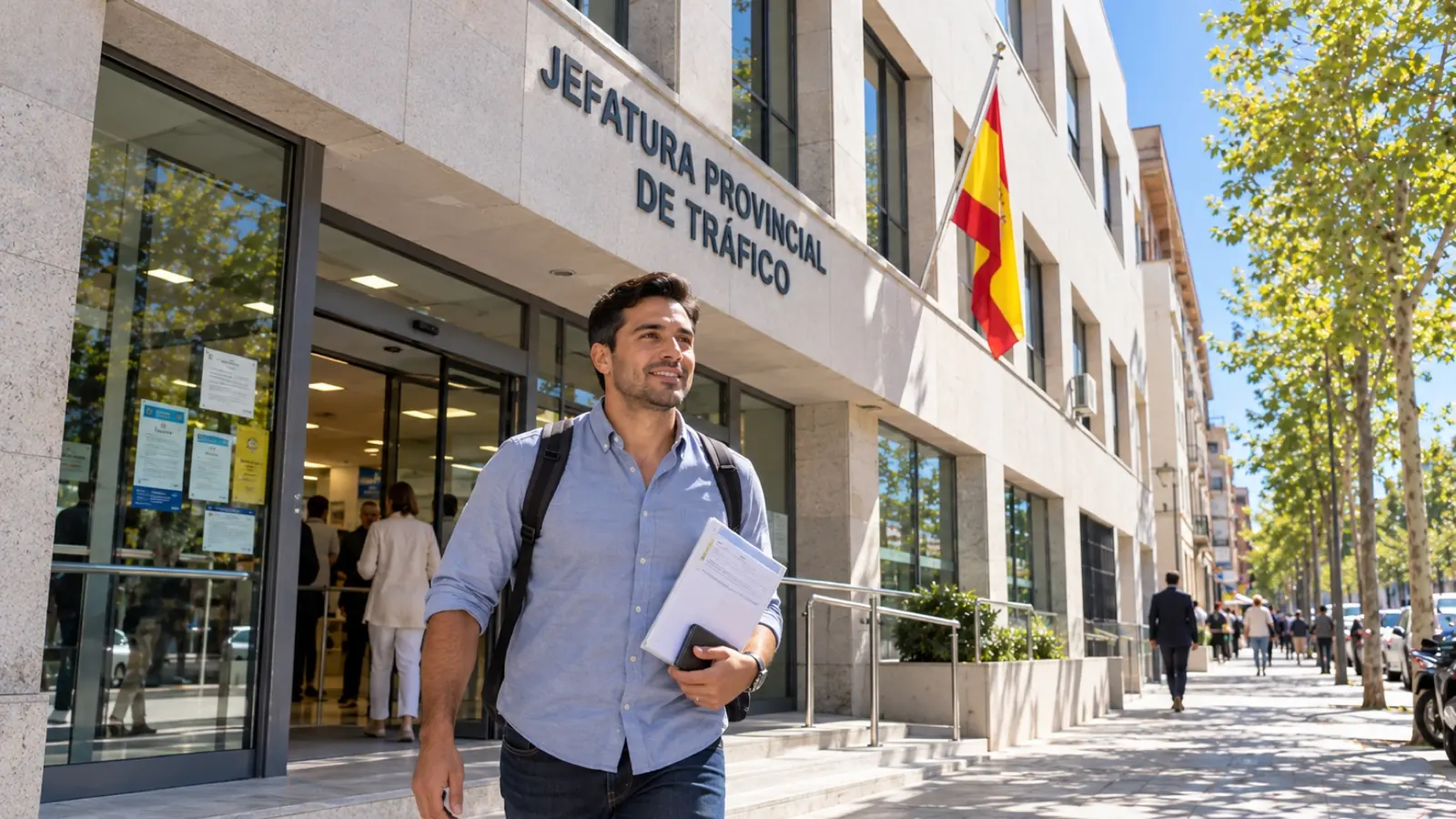 Conductor saliendo de una Jefatura Provincial de Tráfico con su documentación